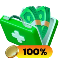 Green first aid case with a white cross, bundles of cash, a gold coin and a yellow 100% badge